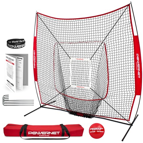 PowerNet Baseball & Softball Practice Net 7x7 FT with Accessories for Practice Pitching & Batting, Weighted Ball, Strike Zone Attachment (Pitching Kit, Red)