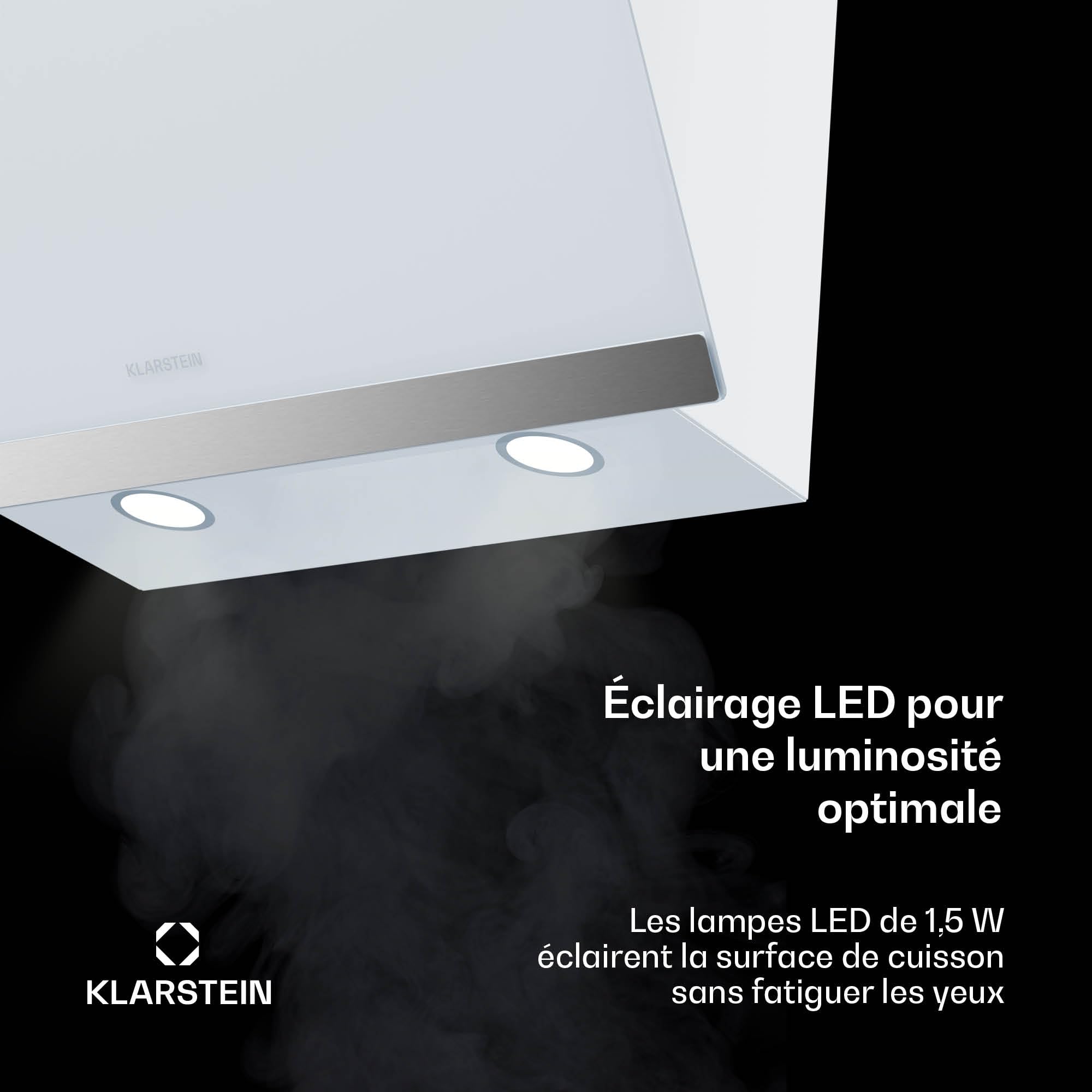 Klarstein FlashLine Campana extractora - 60cm campana cocina decorativa, pantalla táctil, 578 m³/h, a++ eficiencia energética, iluminación led, silenciosa 34,5 db, blanca, conductos & recirculación