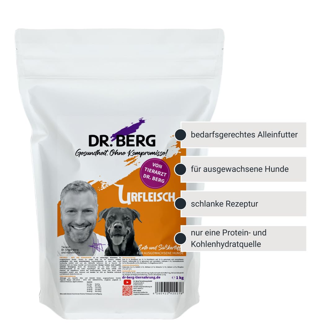 Dr. Berg URFLEISCH Ente & Süßkartoffel Trockenfutter für Hunde | 1 kg | Hypoallergenes Hundefutter - Monoprotein - Trockenfutter mit viel Frischfleisch - verträgliche und schlanke Rezeptur