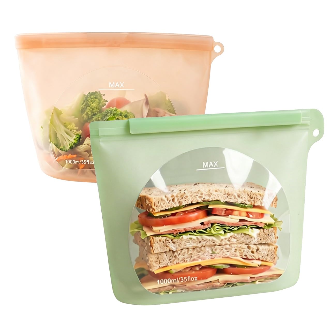Reusable Silicone Food Storage Bags, Leakproof Stand-Up Freezer Bags, Microwave Safe, For Meal Prep, Snacks,1000ml(2pcs)