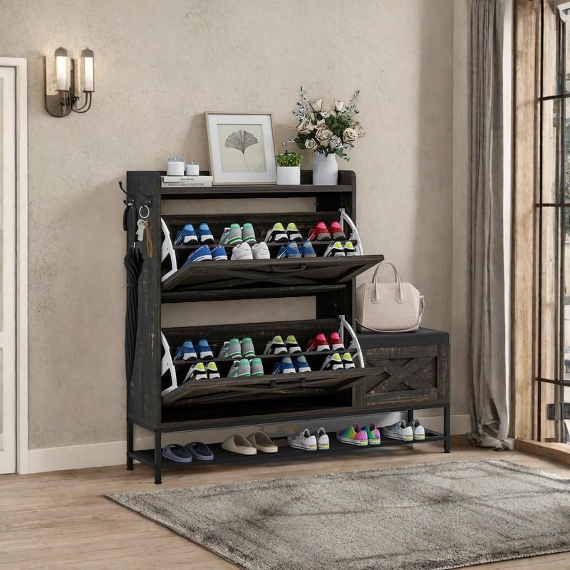 DWVO Farmhouse Shoe Cabinet Bench with 2 Flip Drawers for Entryway Living Room, Hallway for Shoe Organization 16 Pairs for Narrow Spaces(Dark Rustic Oak)