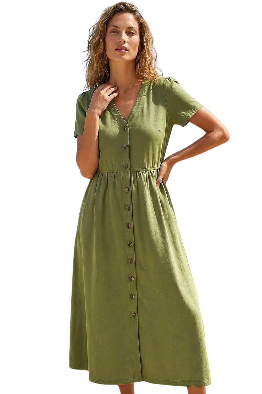 Roman Originals Women's Twill Khaki Button Through Dress - Summer Beach Ditsy Spot Midi Maxi Spring Everyday Evening Work Holiday Vacation Short Sleeve Smart Casual