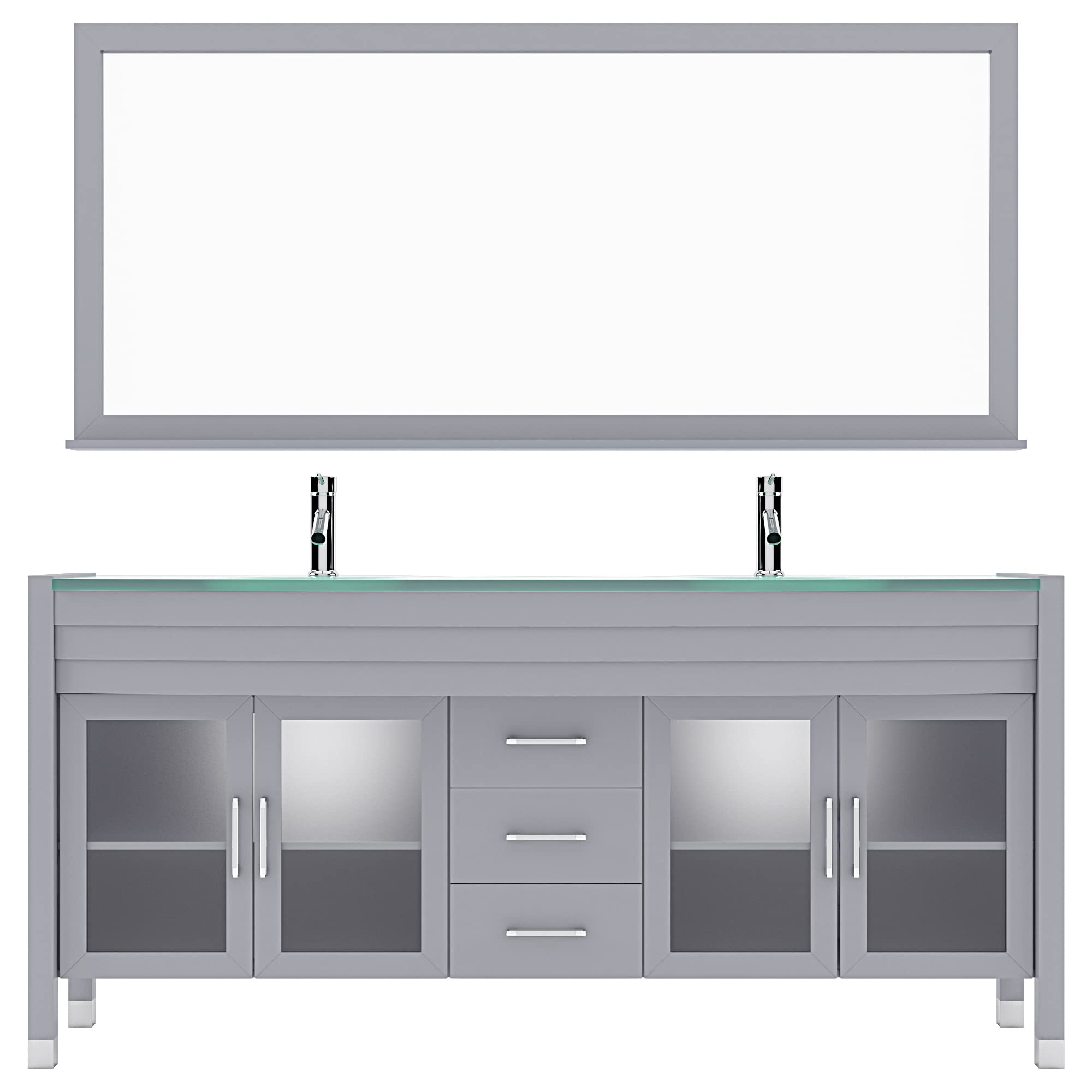 UM-3073-G-GR Ava 71" Double Bathroom Vanity in Grey with Aqua Tempered Glass Top and Round Sink with Polished Chrome Faucet and Mirror, 71 inches, Cool Gray