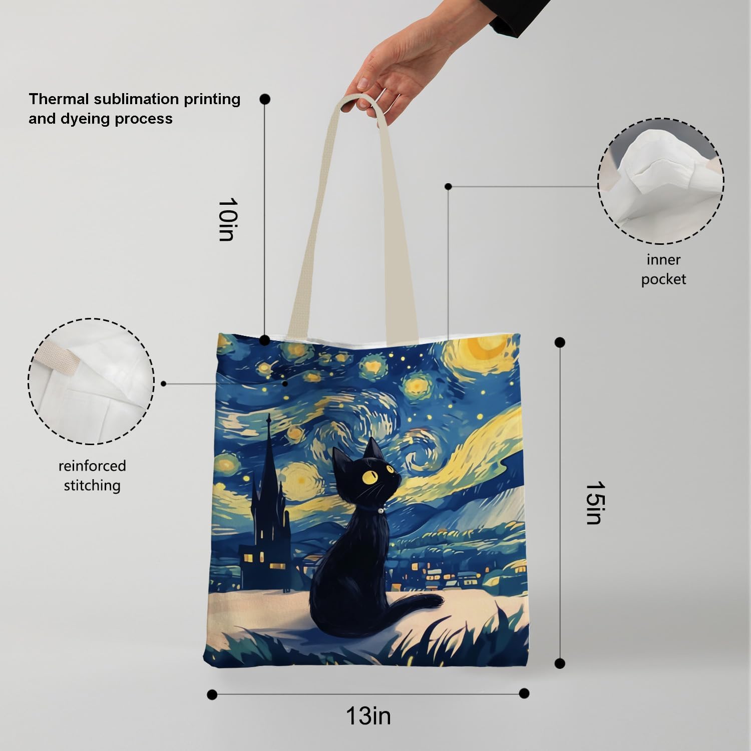 Starry Night Black Cat Tote Bag, Cat Lover Lady Mom Grandma Gifts Canvas Tote Bags for Women, Whimsical Abstract Black Kitten Reusable Grocery Shopping Bags - Image 6