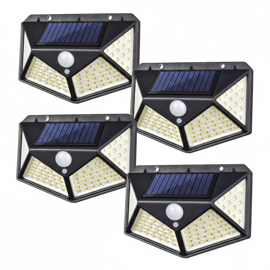 4 Pack 100 LED Solar Wall Lights PIR Motion Sensor Outdoor Garden Security Lamps