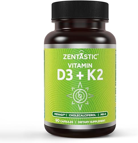 Zentastic Vitamina D3 K2, 5000IU y 200mcg, vitamina D y MK7 y MK4 patentados para apoyo complejo 3 en 1, vegetariano, sin OMG, 90 cápsulas