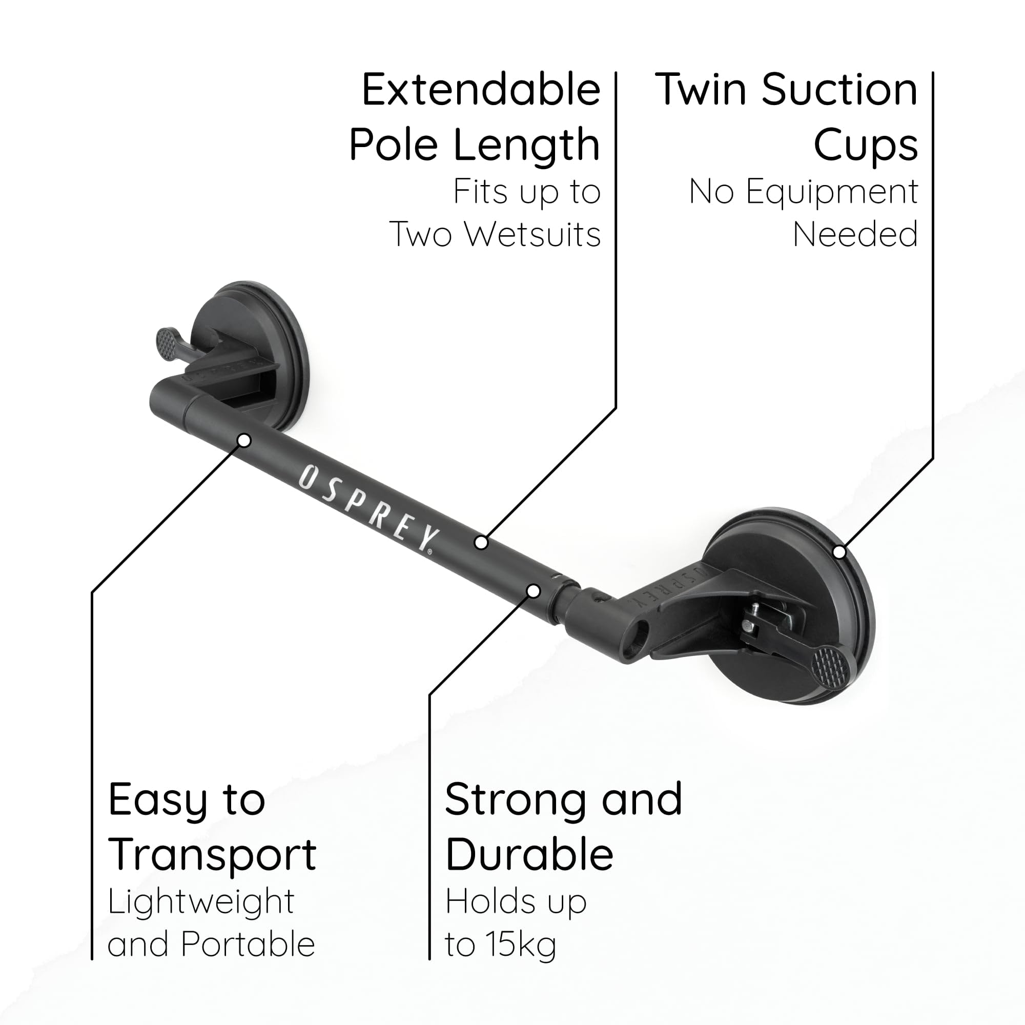 Osprey Percha Extensible Resistente para Traje de Neopreno y Traje seco, con ventosas para Secado rápido, se Adapta a Dos Trajes de Neopreno, Color Negro