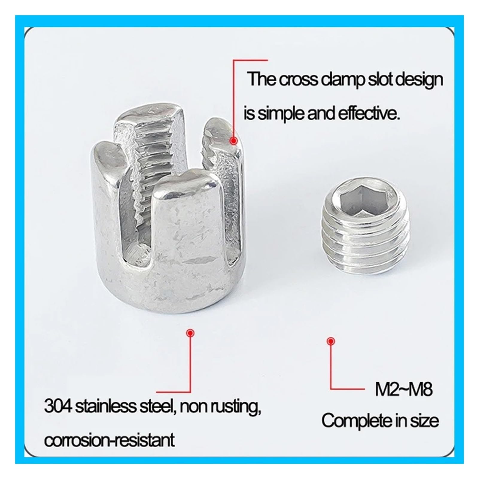Morsetti per cavi a croce, 1 pezzo in acciaio, fibbia di bloccaggio fissa in acciaio inox 304, set di bulloni per dadi da M2 a M8 (diametro adatto a 2 mm)