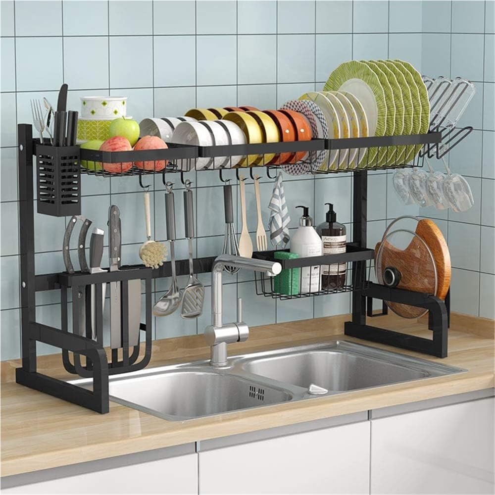 Lar - Scolapiatti regolabile sopra il lavello, a due ripiani, in acciaio inox, da 85 cm a 90 cm, con supporto Hoo e tagliere, per piatti e piatti