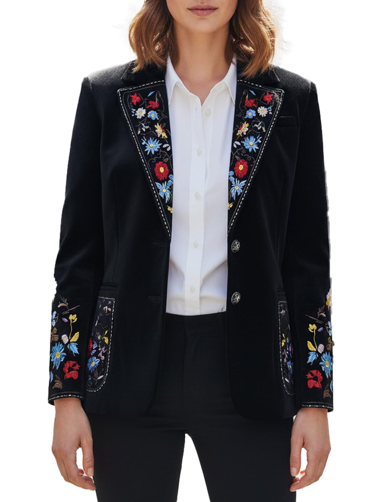 Luxury Floral Embroidered Velvet Blazer for Women Colorful Embroidery on Lapel Tailored Fit Blazer