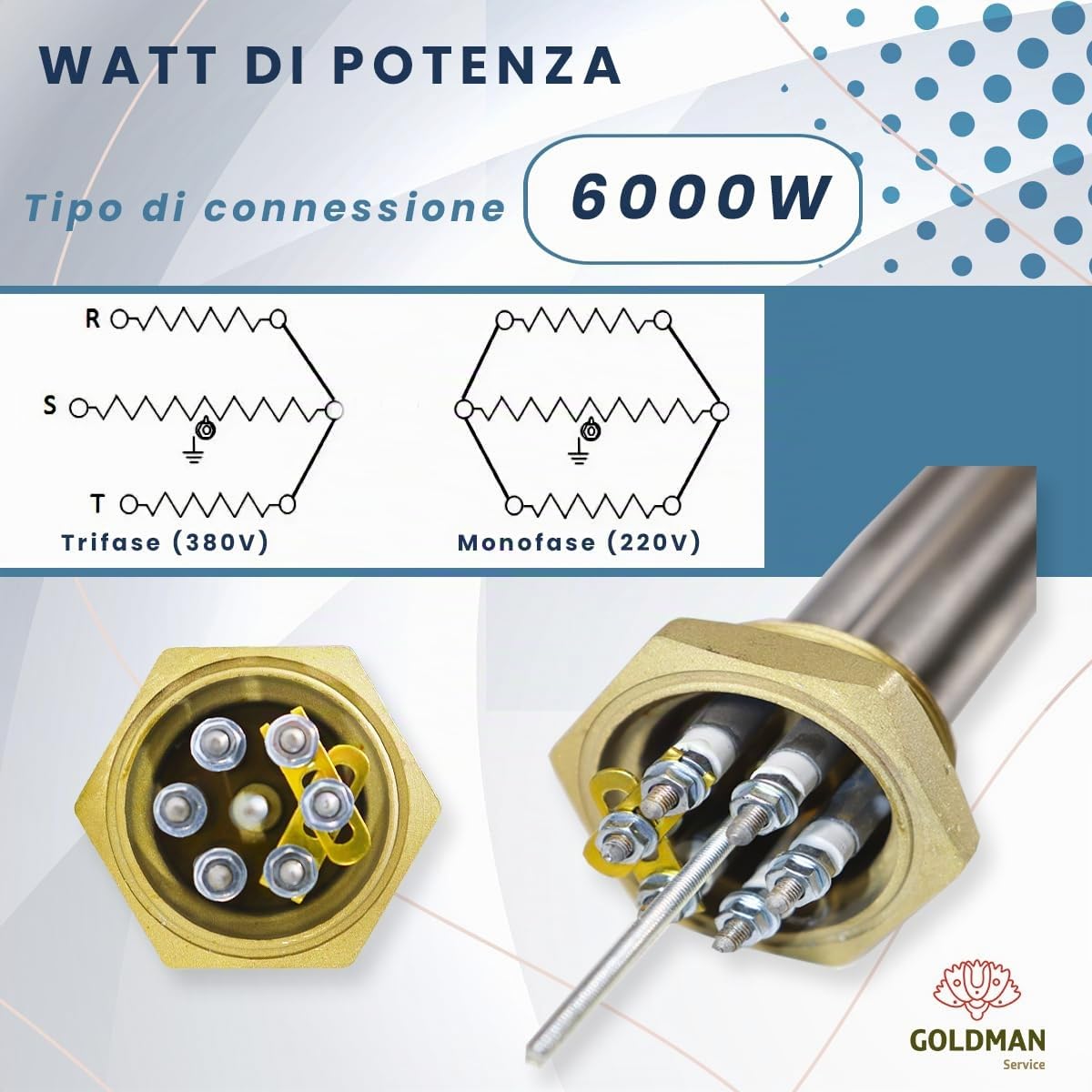 GOLDMAN SERVICE Resistenza all'immersione | Potenza: 6000 W (230/380 V) | Sistema metrico: 1 ½ Pollice + Guarnizione | Serbatoio sostitutivo Termico Elettrico Industriale