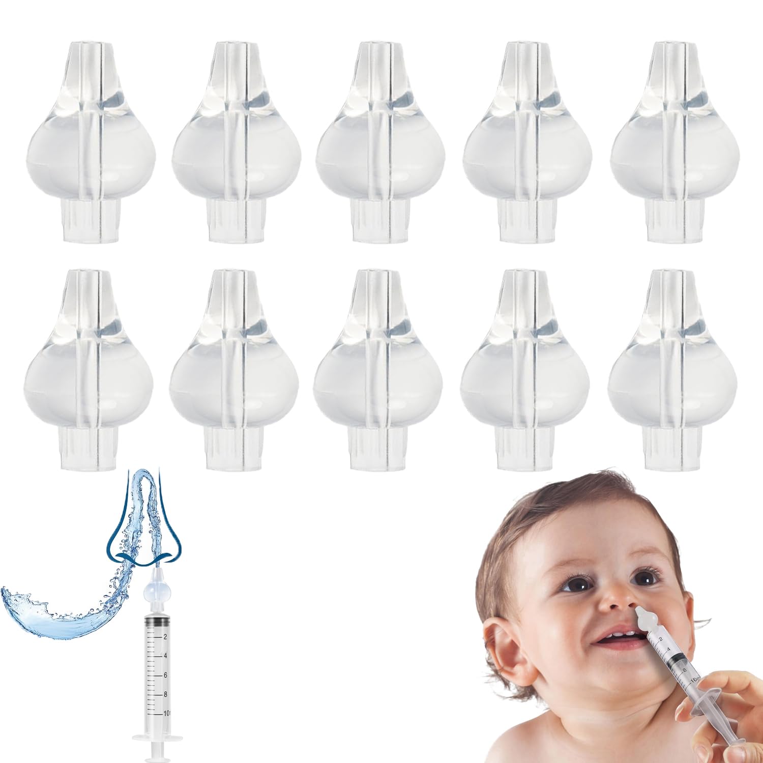 10 Pieces Silicone Adapter Syringe Baby Nasal Wash, Syringe Tips, Universal Refills for Cleaning Children's Nasal Trasses