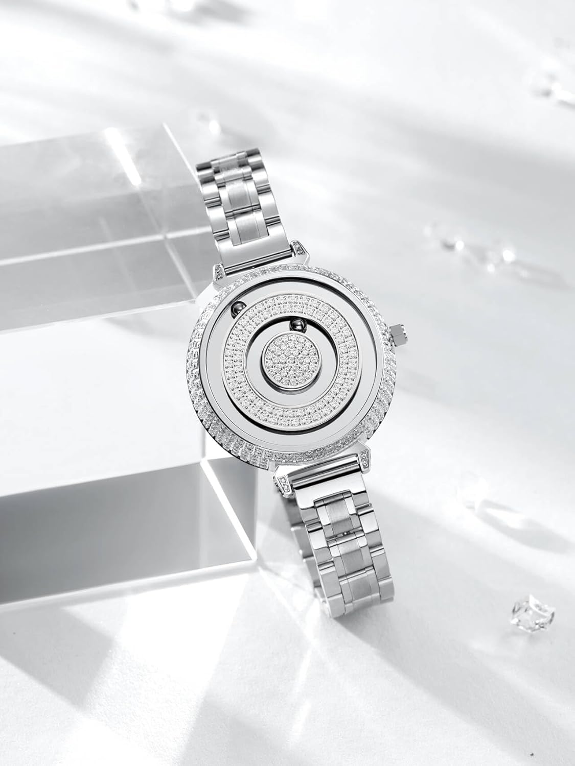 EUTOUR Watches for Women Analogue Quartz Metal, Shining Rhinestone Wrist Watch, Two Magnetized Balls Women's Chronograph Dress Watch with Stainless Steel Mesh Strap Sliver 36mm - Image 2