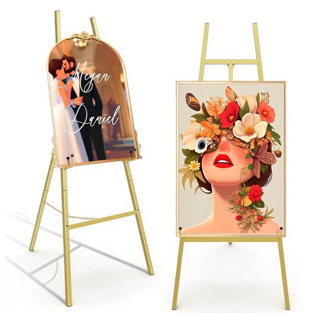 Goldener Staffelei-Ständer für Hochzeitsschilder, robuste Metall-Staffelei mit verstellbarer Kette, 4-stöckige Höhe, Kunststaffelei für Kunst, Malerei, Willkommensschild, Poster und kommerzielle