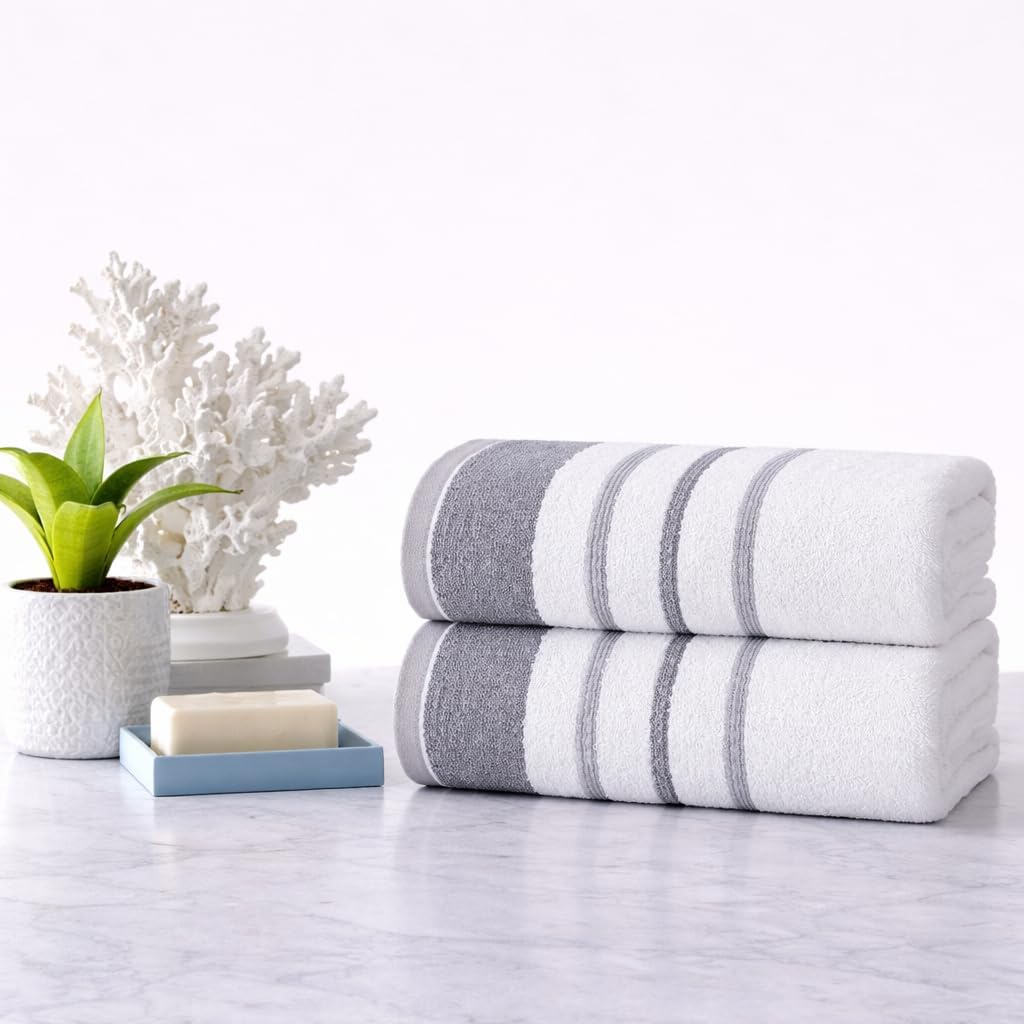 CASA COPENHAGEN White Bay 2Pcs 100% Egyptian Cotton Large Designer Bathsheet Towels Gift Set- Grey - Dark Grey, 600GSM, 35"x70" 2Bath Sheet Towels for Bathroom (Gift Set for Women & Men)