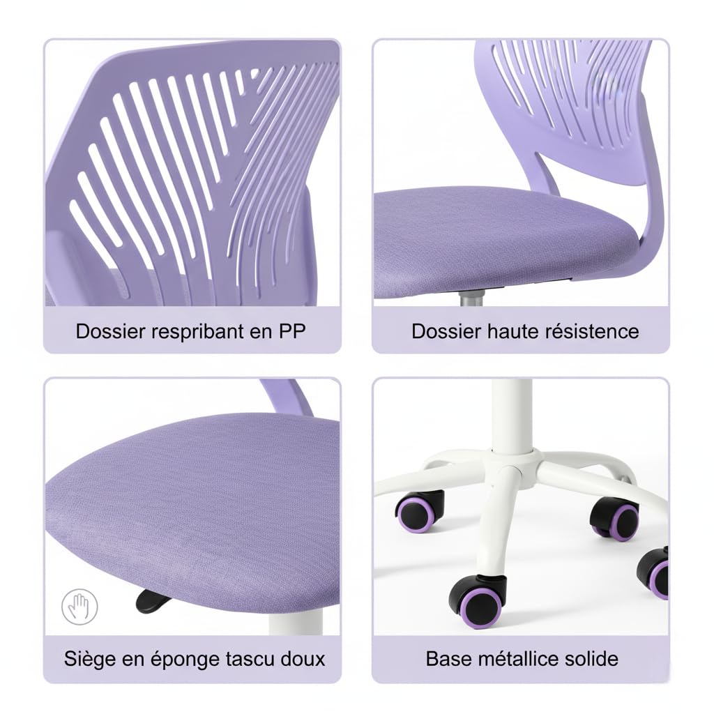 FurnitureR Sedia da ufficio multiuso per bambini, sedia da lavoro senza braccioli in altezza regolabile, sedia da studio girevole colorata per scuola e ufficio, viola Morandi