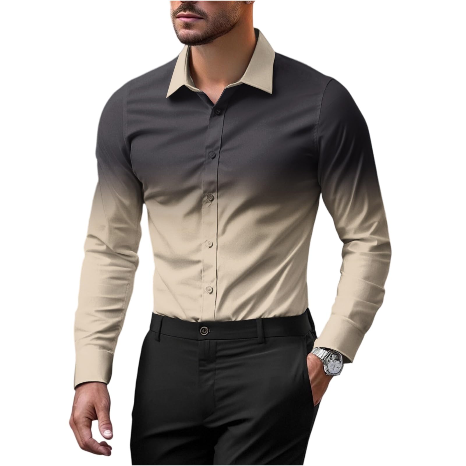 Dress Shirts for Men Gradient Ombre Color Long Sleeve Button Down T-Shirt Casual Slim Fit Wrinkle Free Business