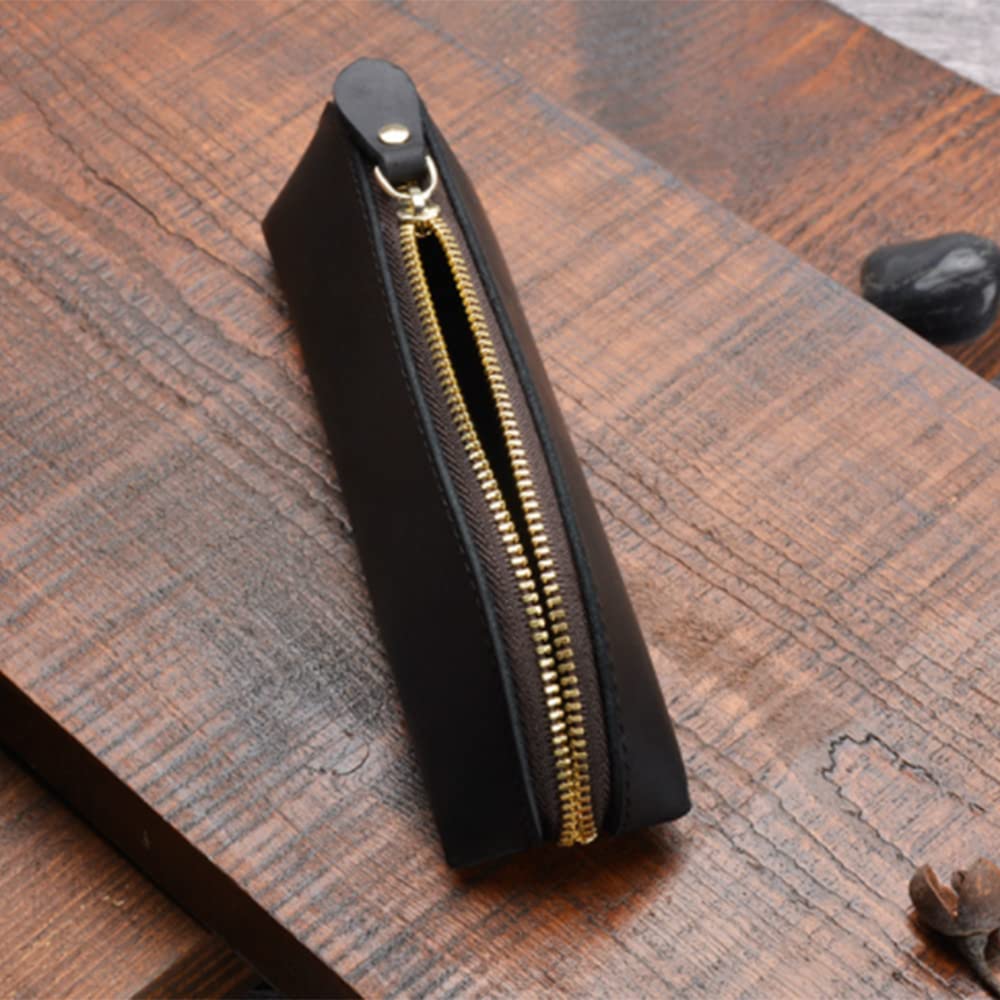 Genuine Leather Pencil Case Stationery Bag Unique Design Zippered Pen Pouch for School Work Office(Purple) - Image 3