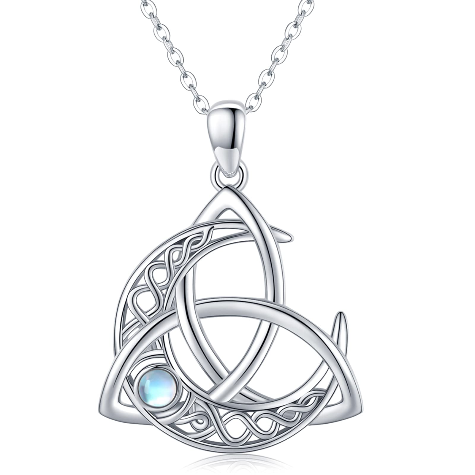 Midir&Etain Keltische Kette 925 Sterling Silber Keltischer Mond Anhänger Halskette Trinity Knot Mondstein Mond Göttin Halskette Schmuck Geschenke für Frauen Damen Mädchen