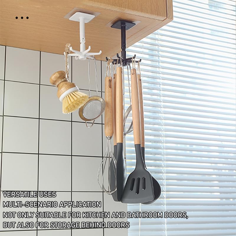 Adhesive Rotating Hooks Black – 360° Swivel Wall Hook, Heavy Duty No-Drill Kitchen & Bathroom Organizer for Utensils, Keys, Towels, Bags