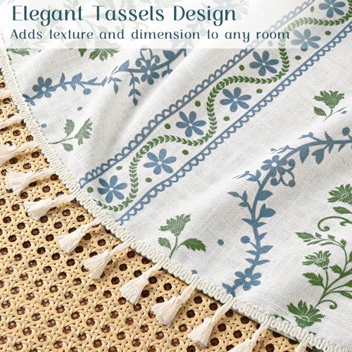 Image of Yinhua Boho Curtains for Living Room 84 Inch Length Vintage Linen Curtains for Bedroom Light Filtering Window Curtain Rod Pocket & Back Tabs Rustic Tassel Drapes with Tiebacks, Blue Green Floral