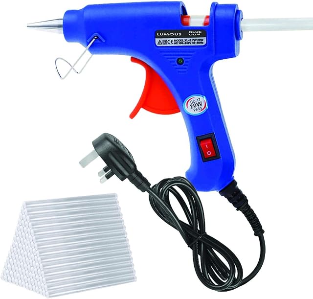 Lumous Rola Hot Glue Gun, 20W UK Plug Mini Heats Up Glue Gun for Crafts with Glue Sticks (50Pcs 100mm x 7mm), Hobby, Craft, Home Repairs, Fabric, Wood, Glass, Card, ON-Off Switch for DIY Arts (Blue)