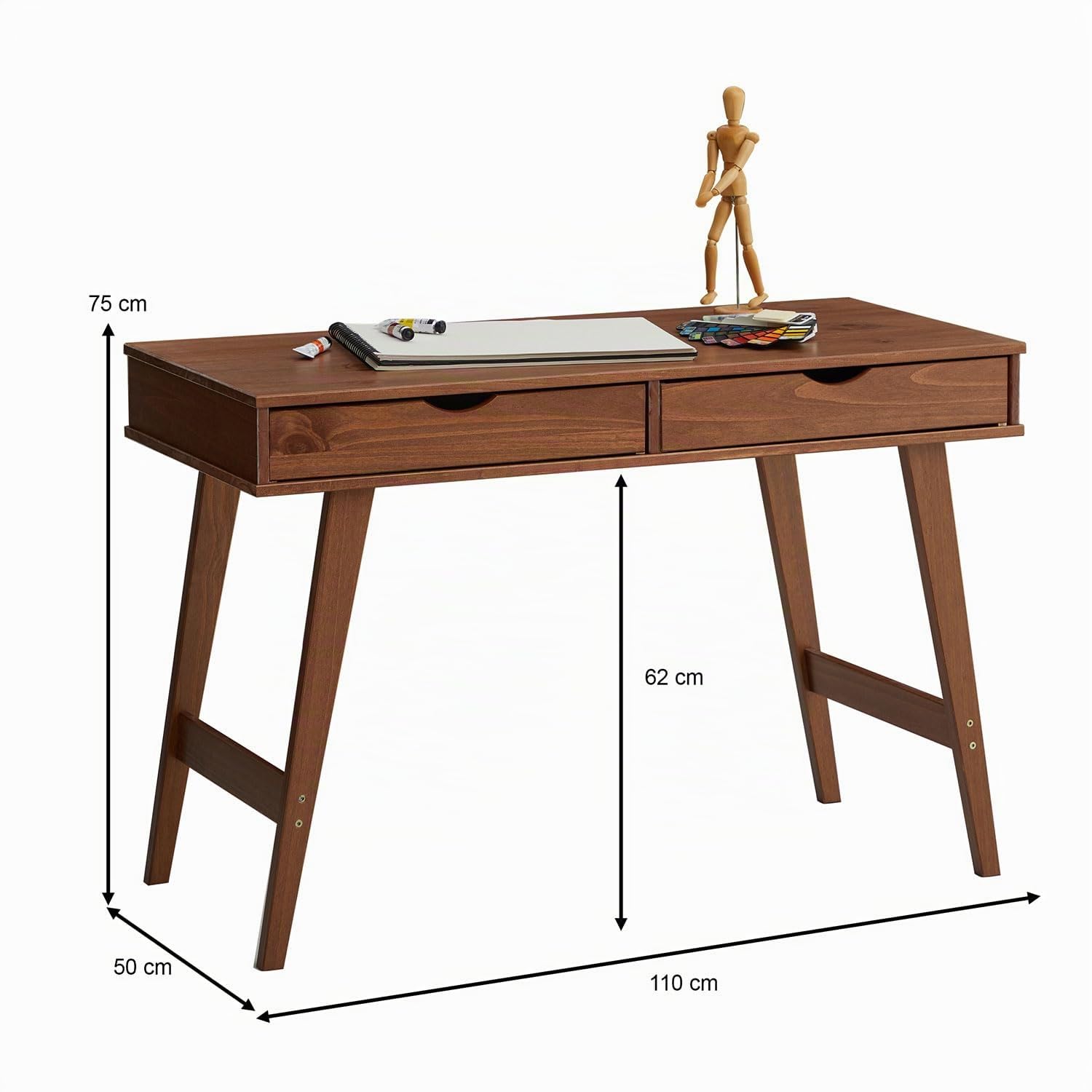 IDIMEX Schreibtisch Milo mit 2 Schubkasten, Massivholz, stabil und langlebig, ideal für Home-Office, Kastanien Farben, Schubladen für Stauraum