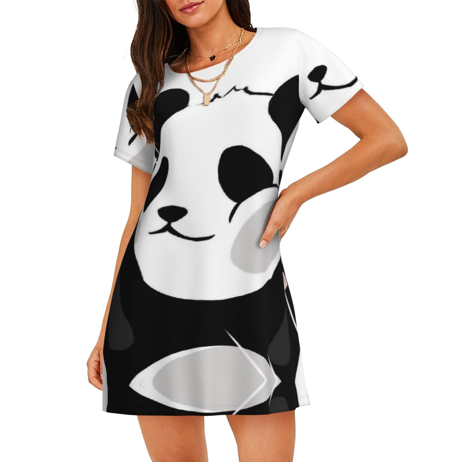 POCUK Funny Panda Women'S Short-Sleeved Nightdress Summer Family Walk Shopping Vacation Home Clothes Black