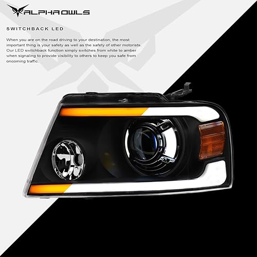 Miniatura 4 de Alpha Owls 8711378 Projector Headlights With Switchback Sequential LED Bar & Startup Light - Black Amber Fits 2004-2008 Ford F150 / 2006-2008