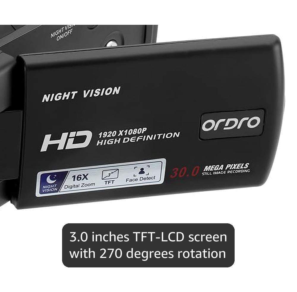 ORDRO Camcorders HDV-V12 HD 1080P Video Camera Recorder Infrared Night Vision Camera Camcorders with 16G Memory Card and 2 Batteries