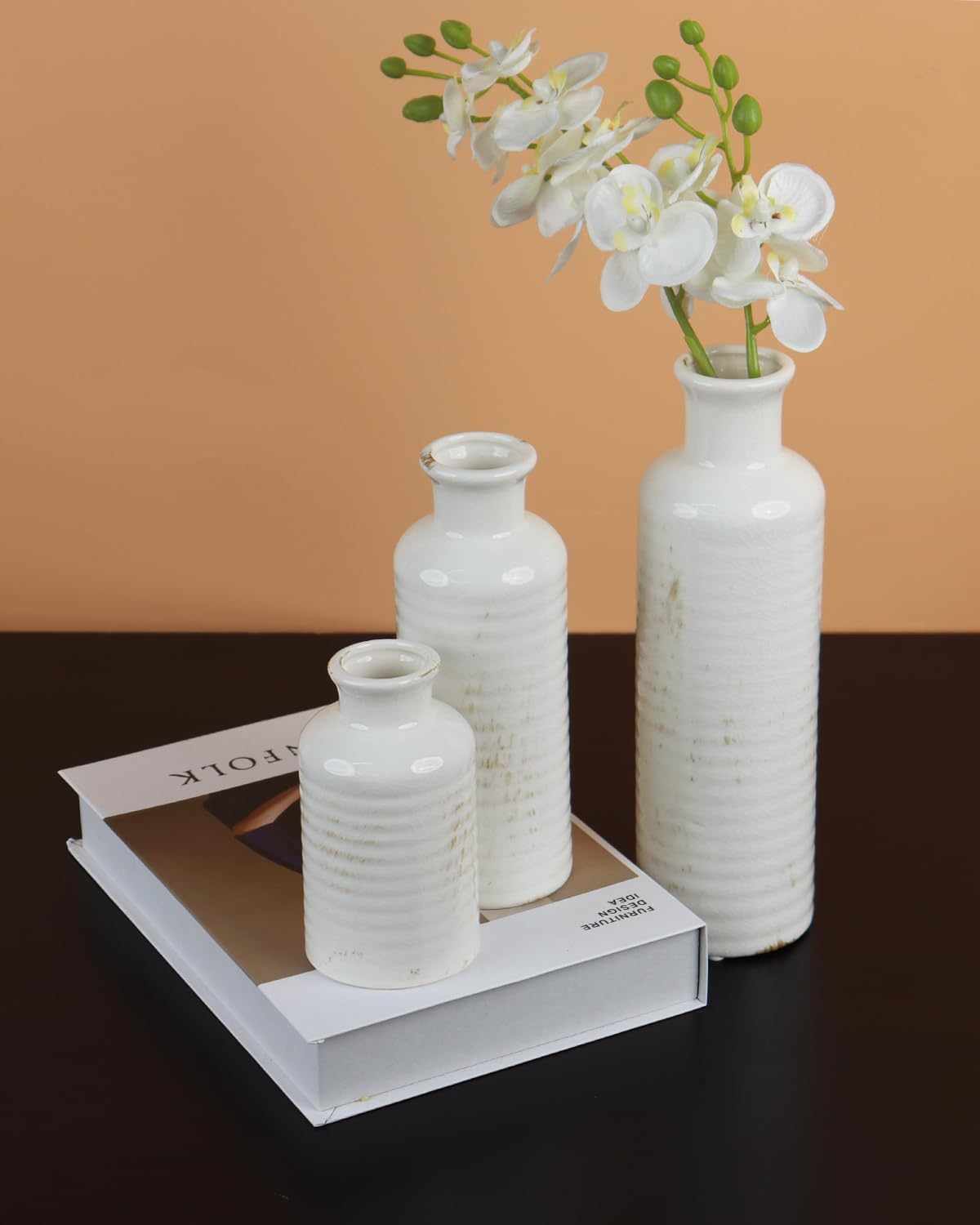 White Ceramic Vase Set of 3 – Ribbed Texture Crackle Glaze Bottle Vases for Rustic Farmhouse Table Centerpiece, Shelf & Mantel Decor - Image 4