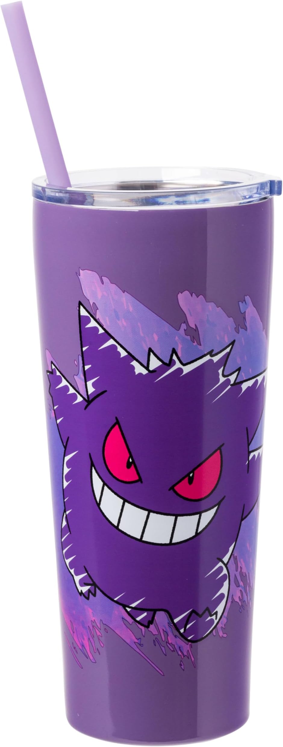 Pokemon Gengar Double-Walled Stainless Steel Purple Tumbler with Lid and Reusable Straw, 22 Ounces