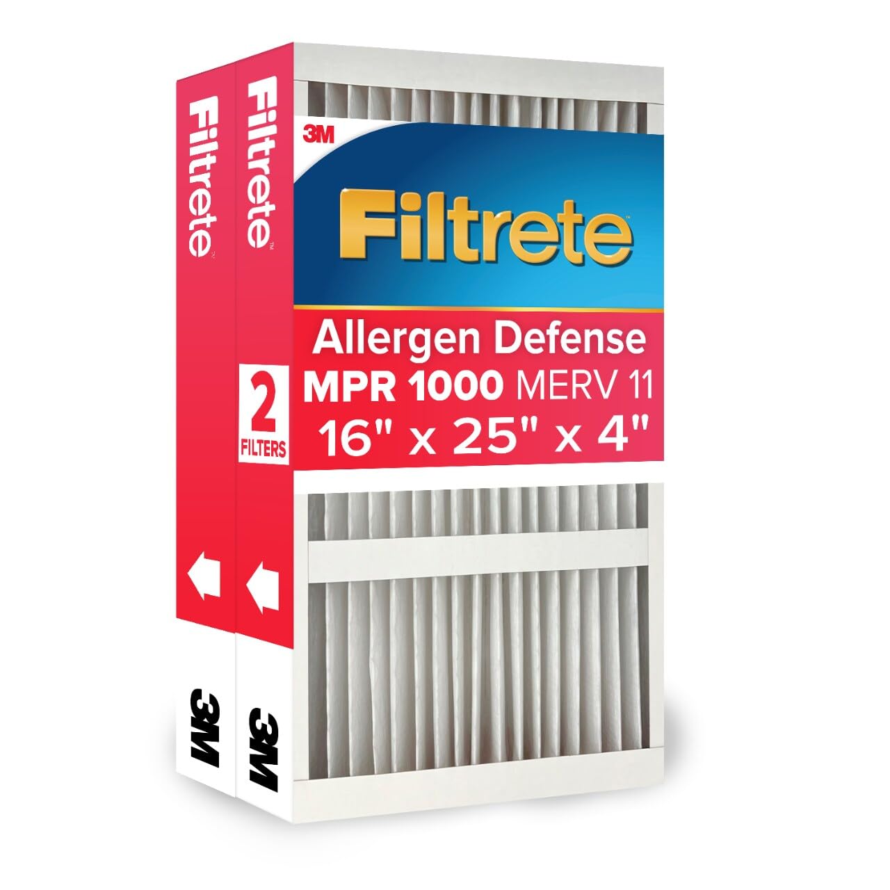 Filtrete 16x25x4 AC Furnace Air Filter, MPR 1000, MERV 11, Fits Honeywell & Lennox, Allergen Defense, Electrostatic Air Cleaning Filter, 2-Pack (Actual Size 15.88x24.56x4.31 in)