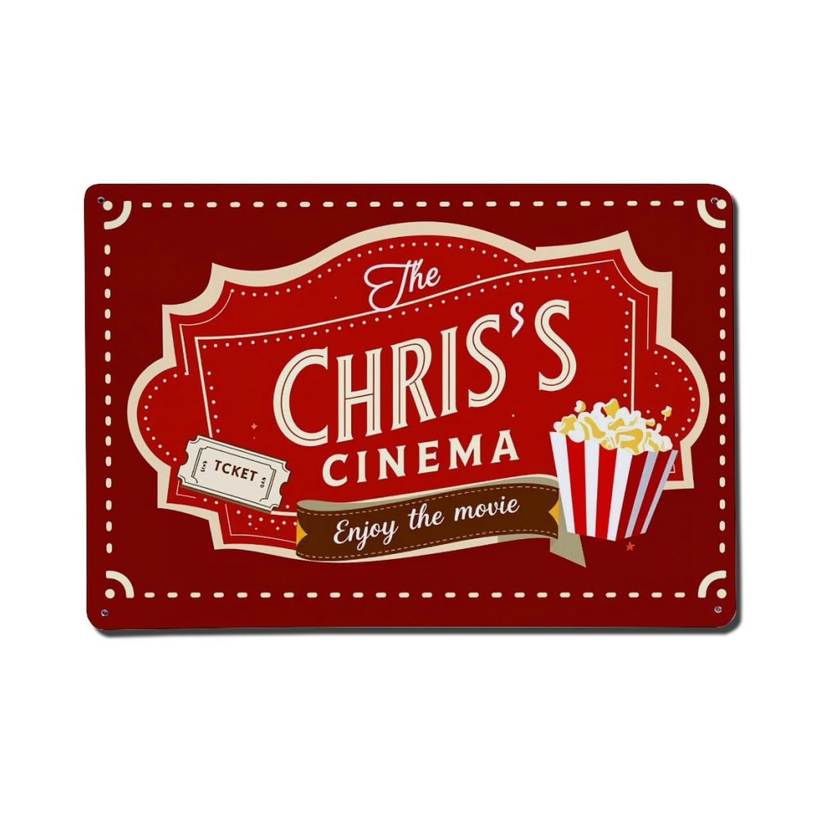 The Chris's Cinema Ticket Popcorn Tin Sign Vintage Metal Poster, Home Bar Garage Man Cave Cafe Indoor & Outdoor Wall Decoration 8x12Inches