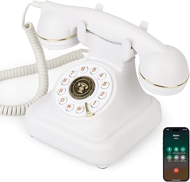 Bluetooth Retro Desk Phone with Handset & Speakerphone, Classic Bluetooth Landline Telephone, Bluetooth Home Phone with USB Rechargeable Power, Hands-Free Calling & Music Playback, White