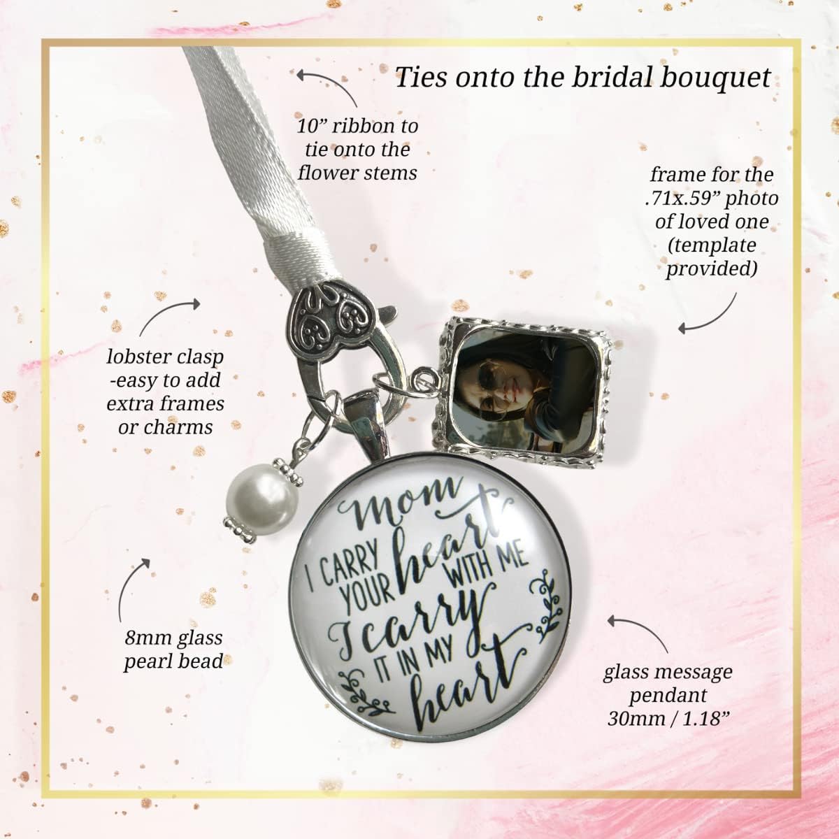 Gutsy Goodness Wedding Bouquet Charm Mom Memory Bride's Flowers Jewelry Vintage Silvertone Ribbon Glass Pendant Photo Frame DIY Picture Template