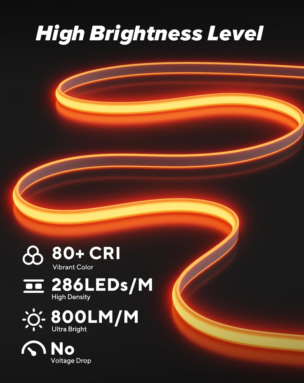 Shine Decor COB LED Rope Light AC 120V, 800lm Ultra Bright, IP65 Waterproof Cold-Resistant ETL Neon Strip, No Driver Tape Lighting for Home Commercial 10x4.5mm, Amber, 16.4ft