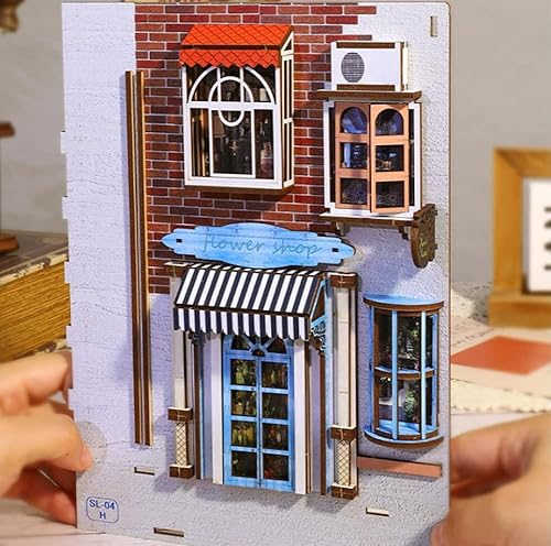 Miniatura 46 de Rompecabezas de madera 3D con caja de música de luz sensor, kit de montaje de rincón de libros en miniatura, kit de montaje de rincón de libros