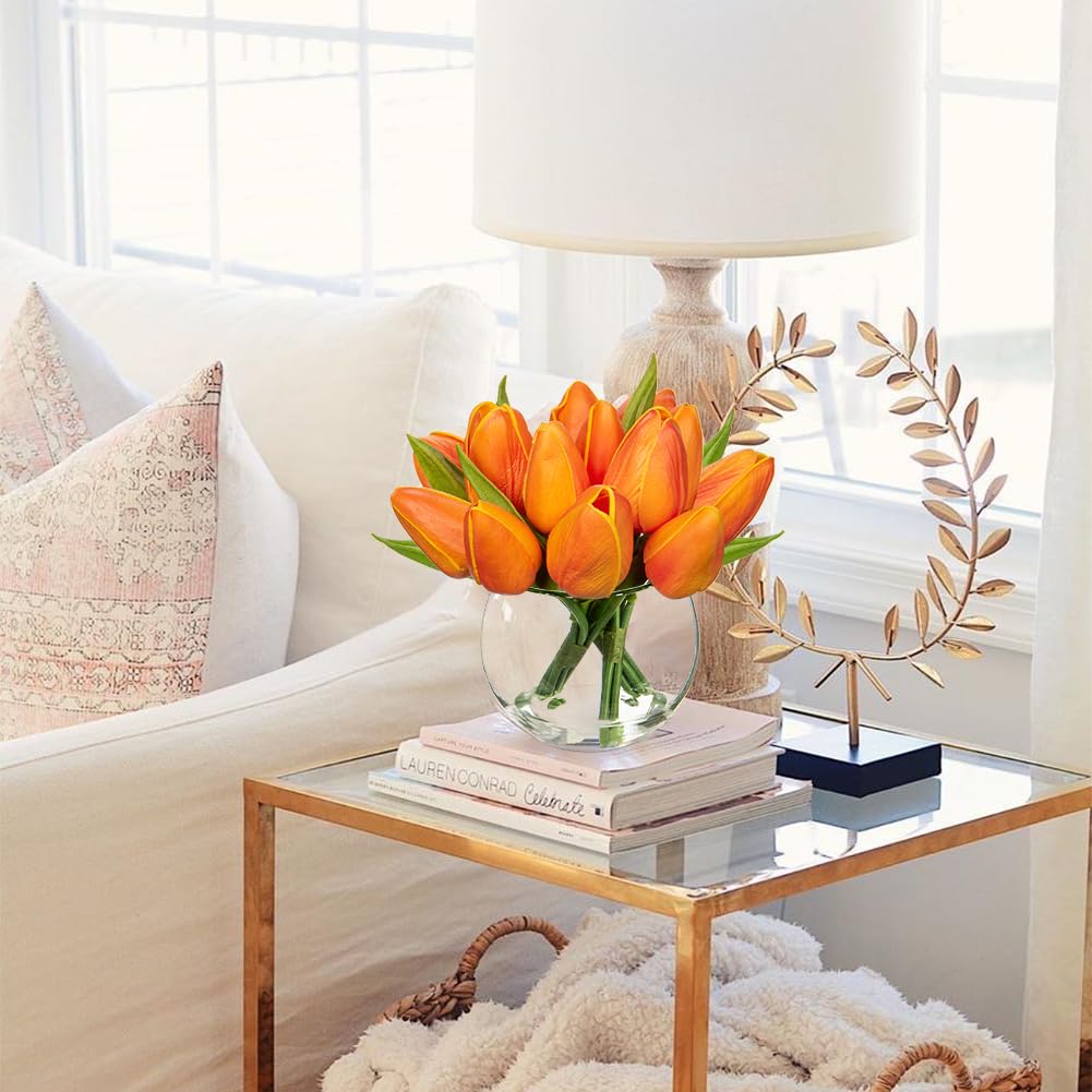Oairse 14pcs Small Artificial Flower in Vase Real Touch Faux Tulips Flower in Cube Glass Vase with Faux Water Mini Orange Tulip Bouquet Arrangement for Home Wedding Table Centerpiece Decor - Image 3