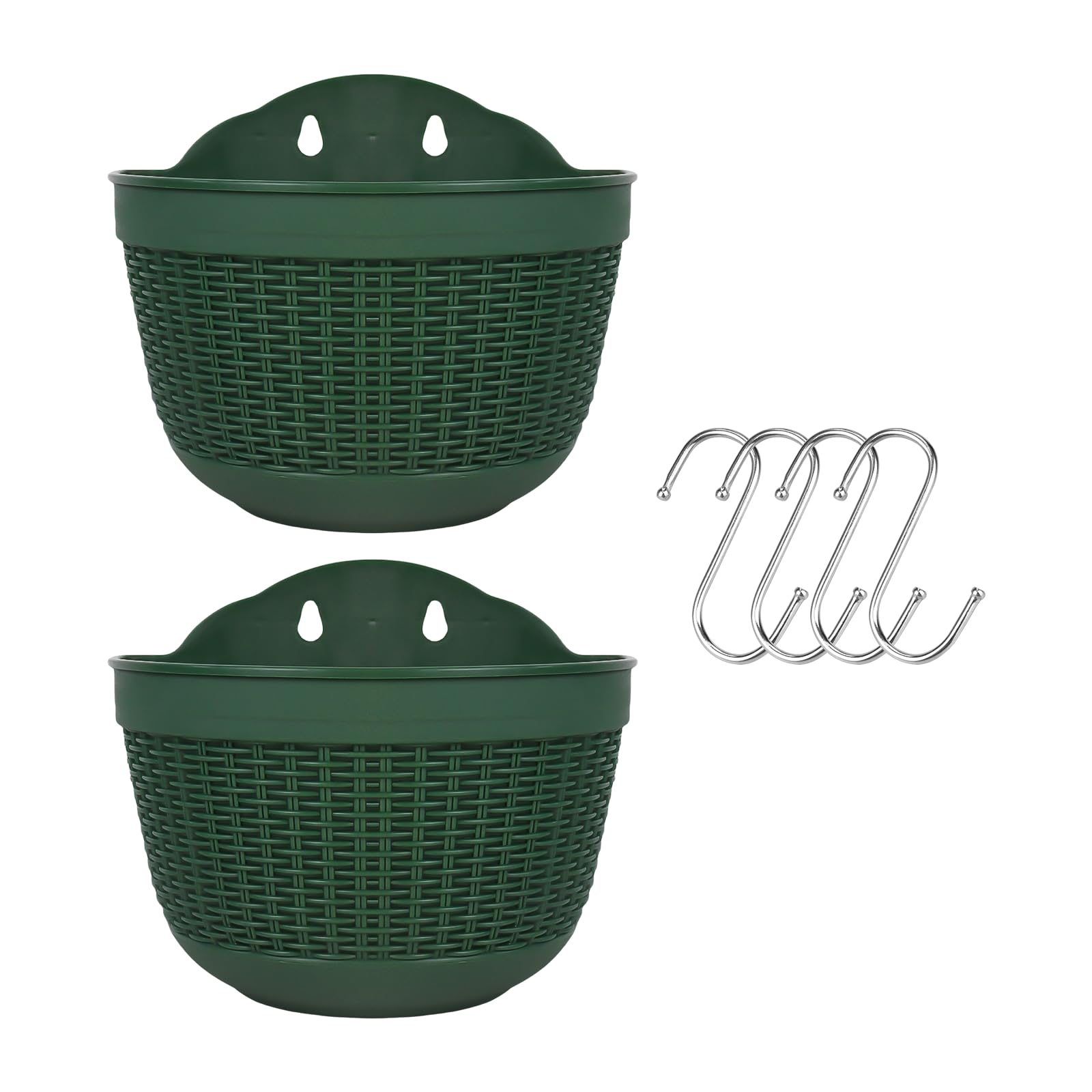 Bulzeu Dark Green+Dark Green Set Of 2 Pcs Hanging Planters Outdoor Hanging Basket Plastic Flower Pot Plants Holder Hanger For Balcony Fence Wall Mounted Planters Hanging Fence Planters With Drainage And 4 Hooks