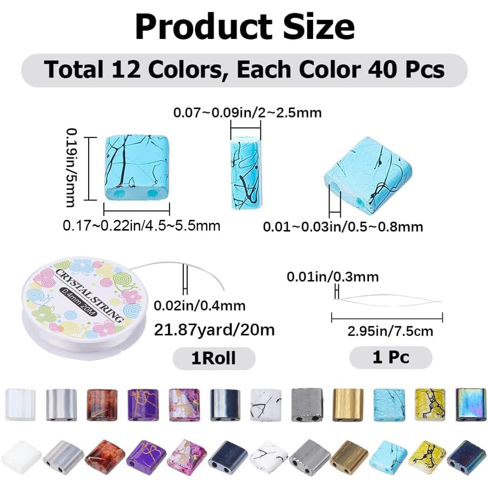 CREATCABIN 480Pcs 2 Hole Tila Beads Kit 12 Colors Mix Glass Seed Beads Bulk Rectangle Mini Opaque Square with Beading Needles Elastic Thread for Craft Bracelet Necklace Earring DIY Jewelry Making 5mm