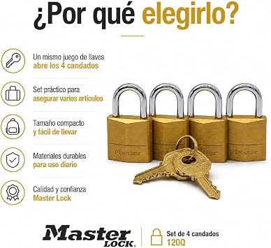 Master Lock Asma kilit, masif pirinç, 1,9 cm genişliğinde, 120Q (4 aynı anda kilitlenir)