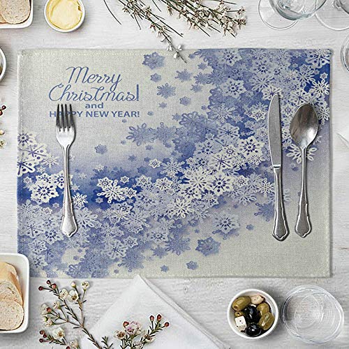 AMDXD Manteles Individuales 4 Unidades, Merry Christmas & Happy New Year! Copos de Nieve Tapete Mesa para Cocina Comedor (Café), Algodon Lino, 42x32cm, Azul Blanco