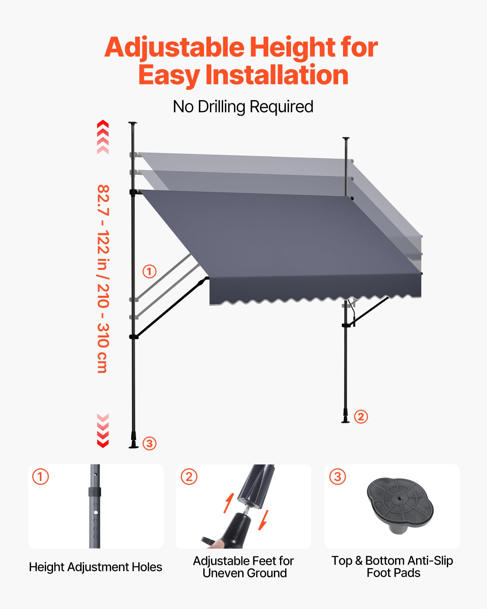 VEVOR Toldo Manual Retráctil 250 cm, Toldo Enrollable Exterior, Altura Ajustable, Protección Solar UV, Estructura de Aluminio, Manivela Articulada, Instalación sin Taladro, Parasol para Jardín Balcón