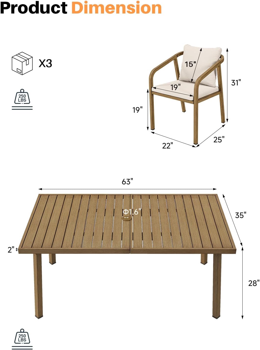 7-Piece Patio Dining Set, Never-Rust Aluminum Outdoor Dining Set for 6, Rectangular Outdoor Table and Chairs Set with Washable Cushions, Patio Furniture Set for Poolside, Deck, Backyard, Teak