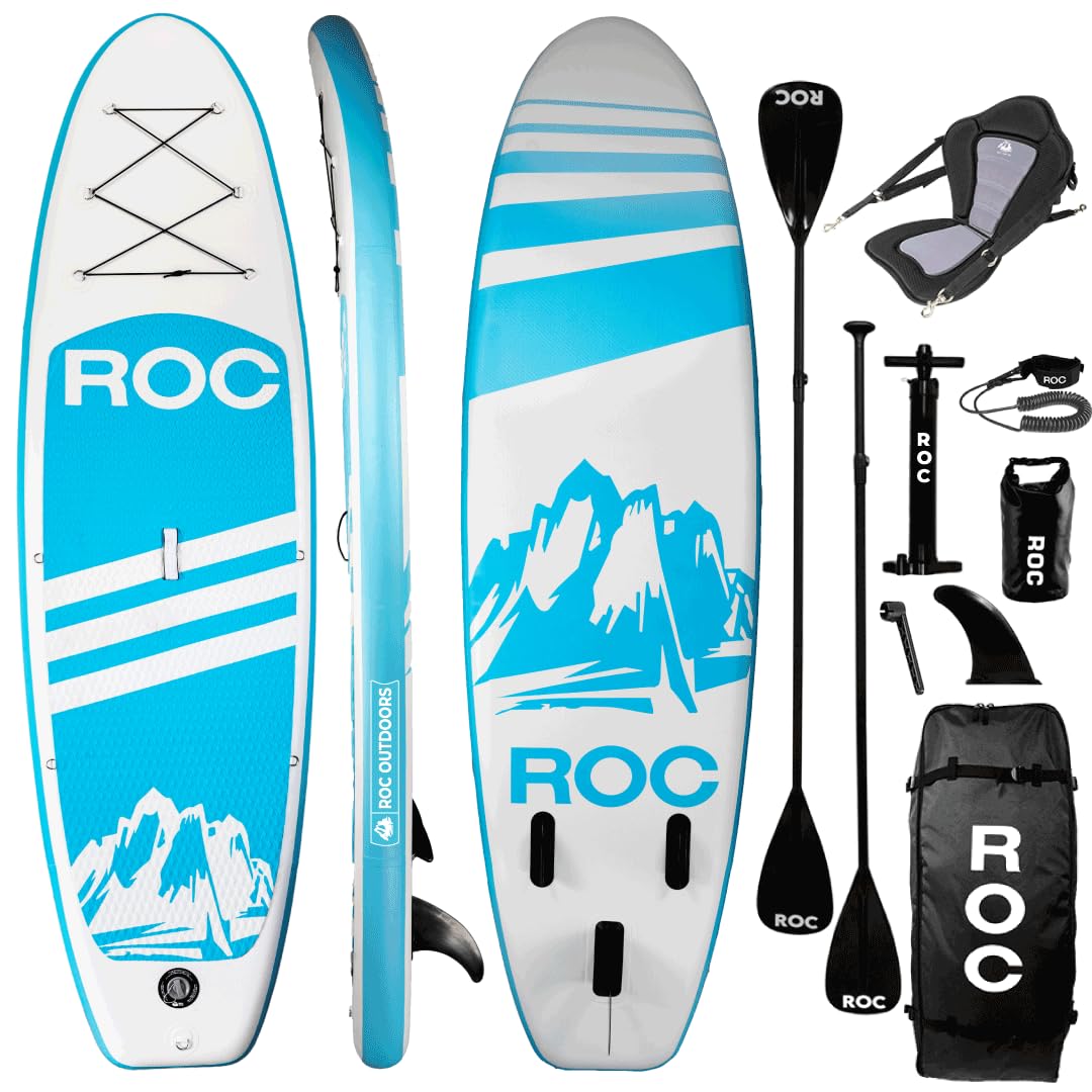 Roc Inflatable Stand Up Paddle Board 10' 6" with Premium SUP Paddle Board Accessories, Wide Stable Design, Non-Slip Comfort Deck for Youth &amp; Adults (Blue W/Kayak Seat)