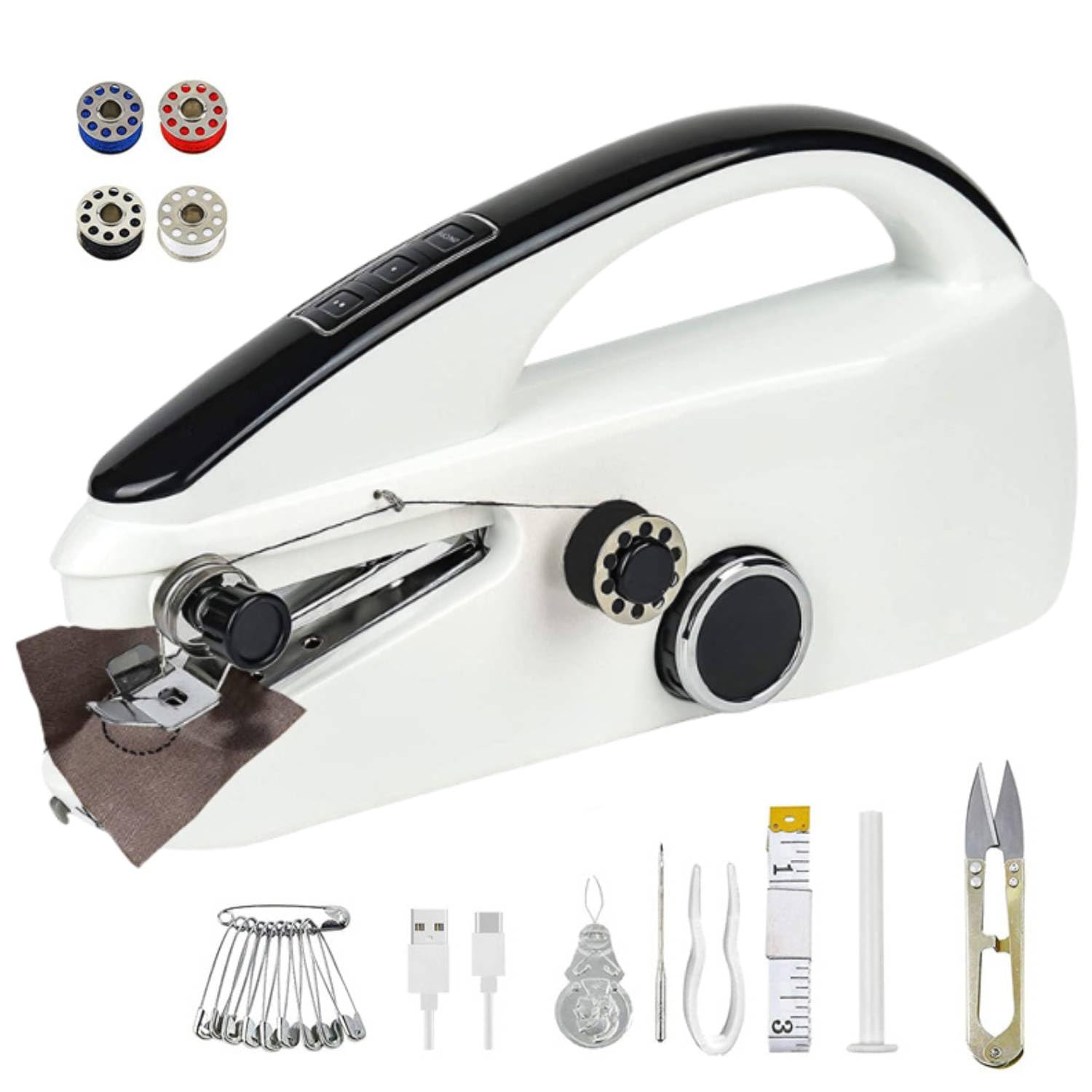 Máquina de coser de mano, mini máquina de coser portátil para principiantes, kit de máquinas de coser eléctricas, 2 modos de potencia, para coser ropa, tela, hogar y viajes