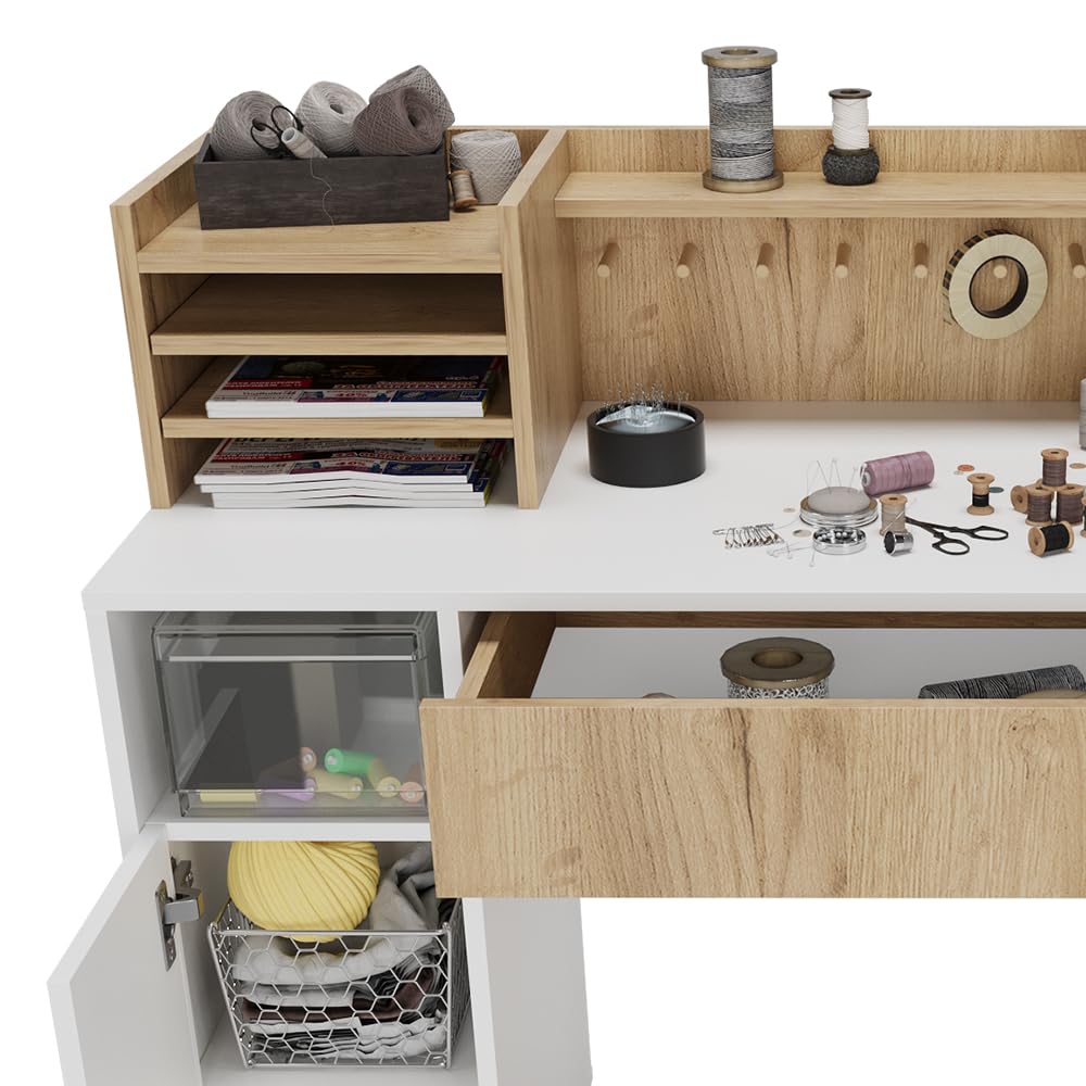 Vicco Bureau, Blanc/Sonoma, 126.8x50cm XL avec étagères, Convient comme Poste de Travail avec Passe-câbles et Surface de Rangement