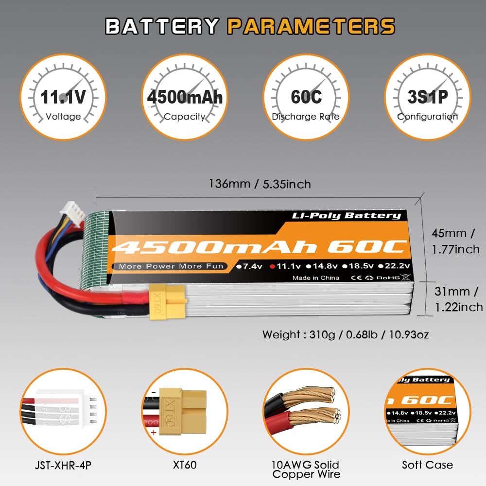 3S LiPo Akku 4500mAh 11.1V 60C Softcase XT60 Stecker für RC Auto LKW 2Stück | 3S RC Akku 4500mAh 11.1V 60C Softcase XT60 Stecker für 1/8 1/10 RC Autos LKW Fahrzeugen Truggys Buggys Booten Flugzeug