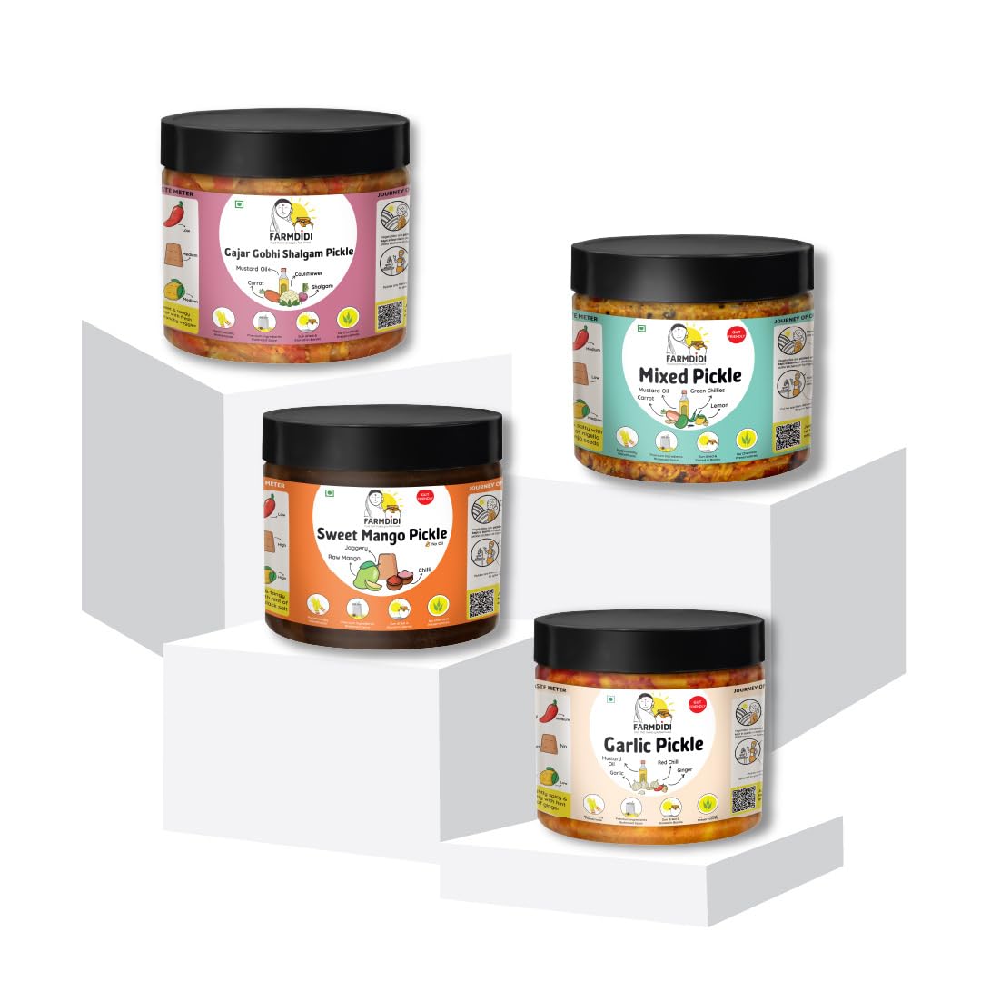 FarmDidi Sweet and Spicy Combo Pack 4x325g | Homemade Gajar Gobhi Shalgam | Mixed Pickle | Sweet Mango Pickles | Lehsun Ka Achaar | Khatha Meetha Achar Combo | No Chemical Preservatives